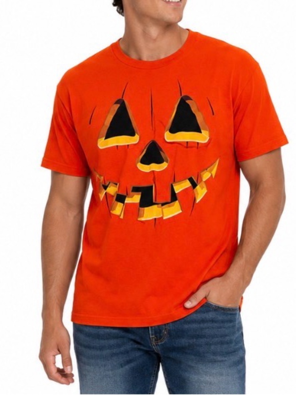 Men's Orange Pumpkin Face T-Shirt Costume Jack-O-Lanter Halloween SZ LG